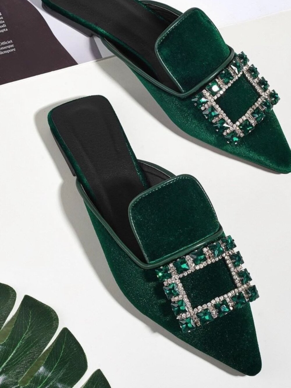 Emerald Green Velvet Rhinestone Buckle Pointed Toe Mule Heels EU 39 NWOT